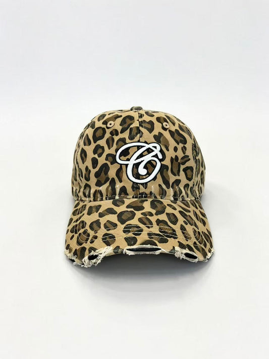 Leopard Print Distressed Baseball Cap with Embroidered Logo